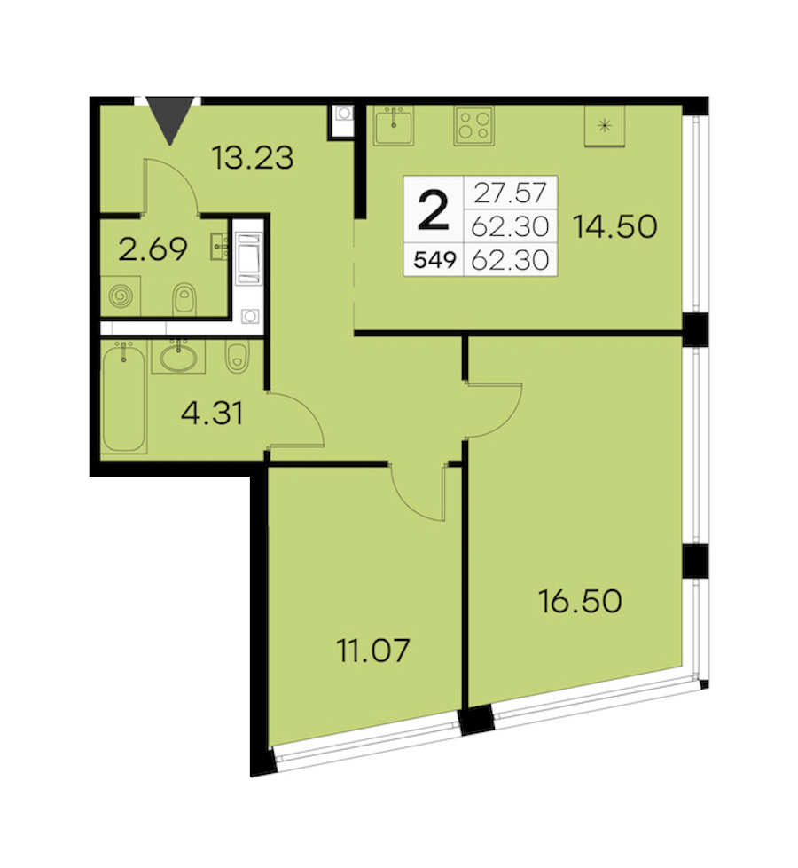 2-комнатная квартира 62.3 м², 15/19 эт., ЖК «GloraX Aura Vasileostrovsky»